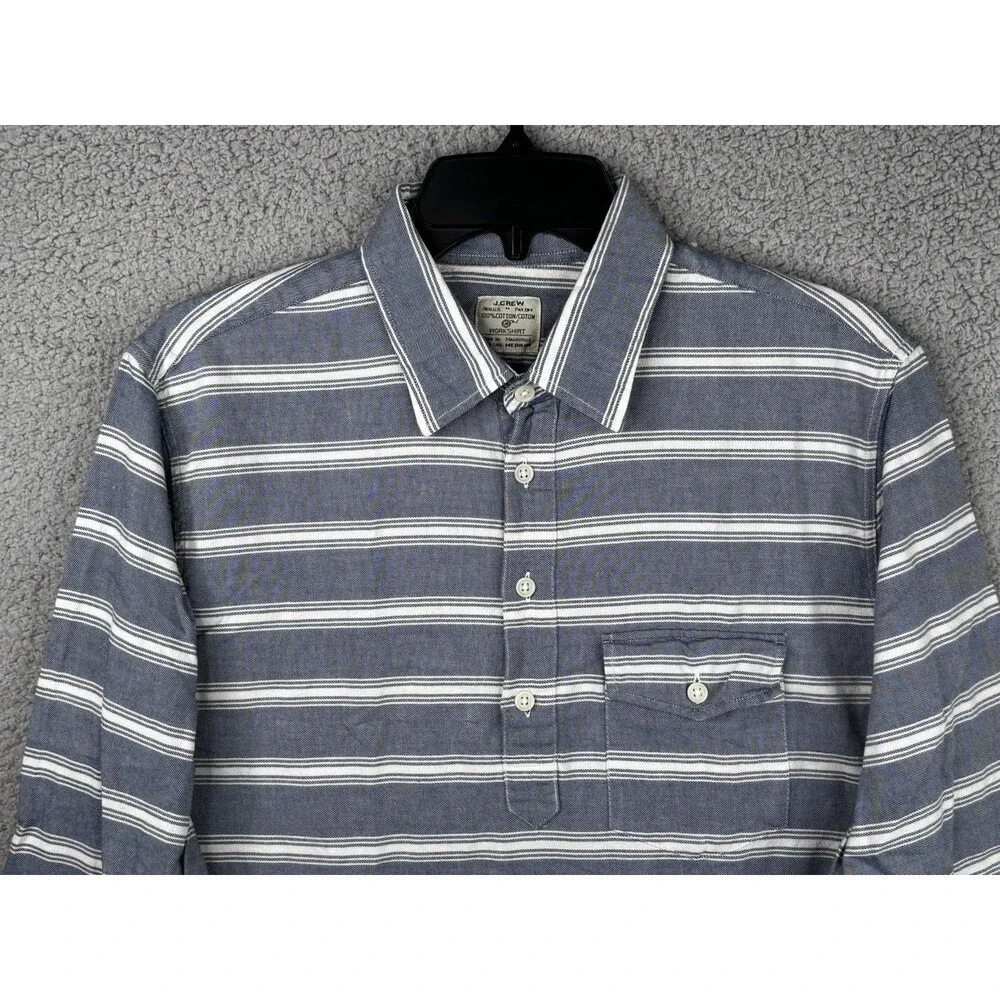 J. Crew Camp Collared Shirt Mens Medium Blue White Striped Twill 100% Cotton